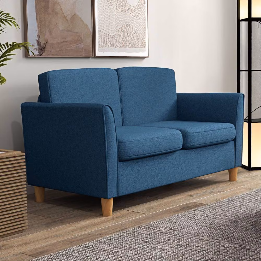 STILVORA 2 Seater Blue Fabric Upholstered Sofa with Wood Legs – 6