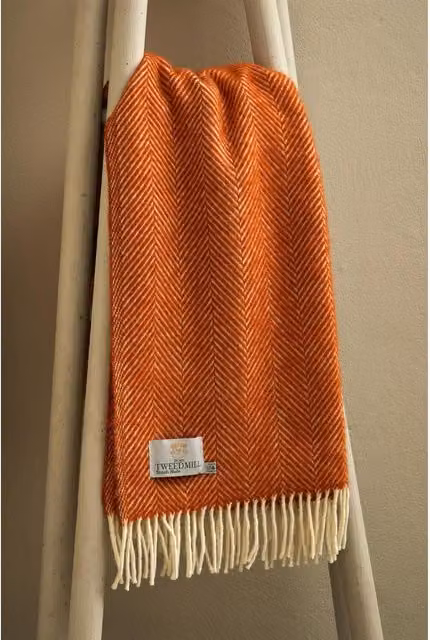 Tweedmill Fishbone Woven Wool Throw Blanket in Cinnamon Brown and Orange