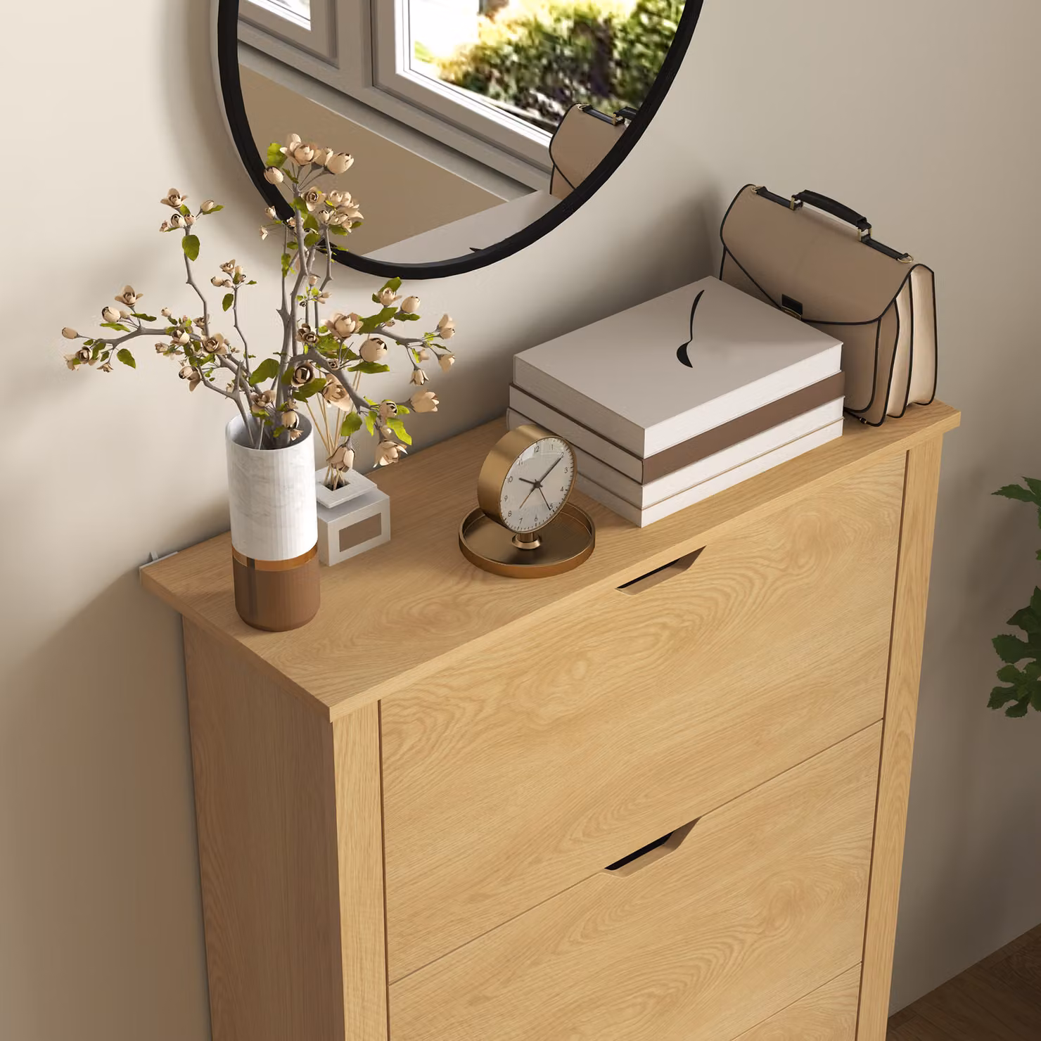 HOMCOM Slim Shoe Cabinet in Brown with 3 Internal Drawers and Adjustable Shelves for 18 Pairs of Shoes – 3