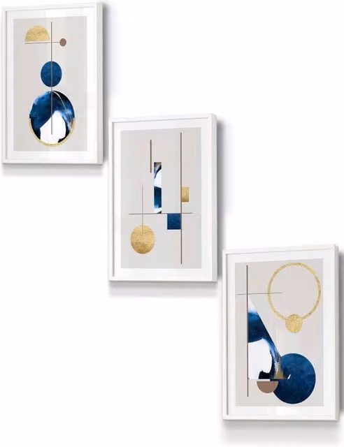 ARTZE Abstract Geometric Textured Wall Art in Navy Blue and Gold with White Frame, W: 33 cm, H: 45 cm, D: 2 cm