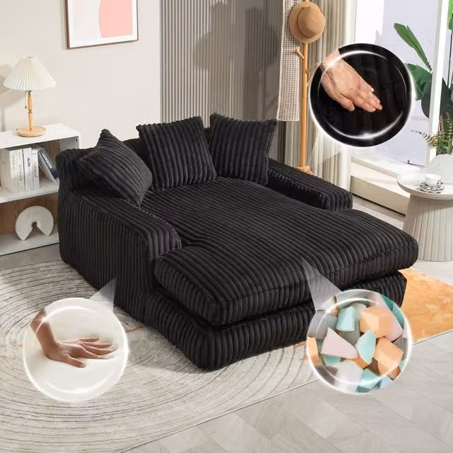 Gomyway Matteo Black Left Facing L-Shape Corduroy Chaise Lounge Sofa Bed with Sleeping Function and Scatter Cushions – 1