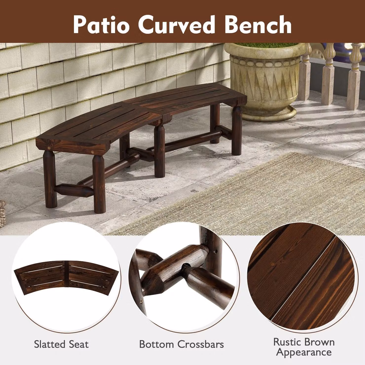 Costway Brown Carbonised Pine Wood Curved Garden Bench and Patio Loveseat – 8