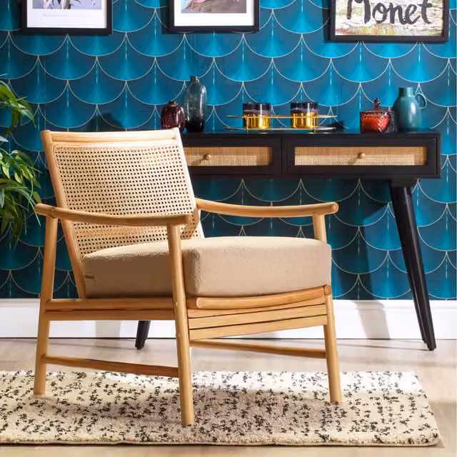 Desser Borneo Indoor Rattan Armchair with Beige Bouclé Fabric Cushion