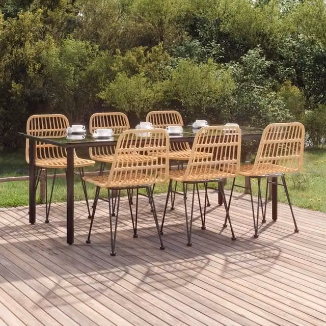Berkfield Home 7 Piece Brown Poly Rattan Garden Dining Set with Glass Top Table – 1