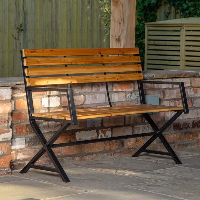 Samuel Alexander Modern Cross Design 2 Person Patio Bench in Black and Brown Wood and Metal