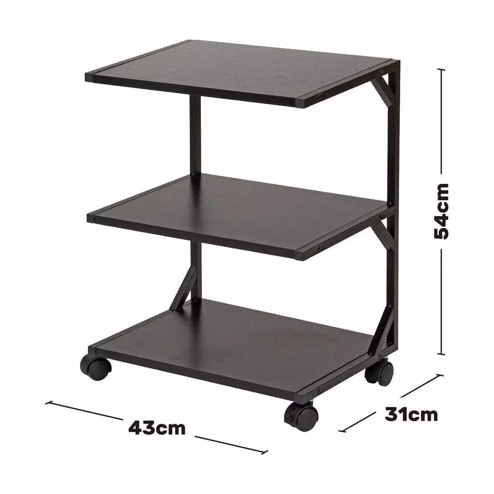 KORVIXA 3 Tier Rolling Side Table in Black Metal with Castors, W/D/H: 100 x 100 x 54 cm – 2