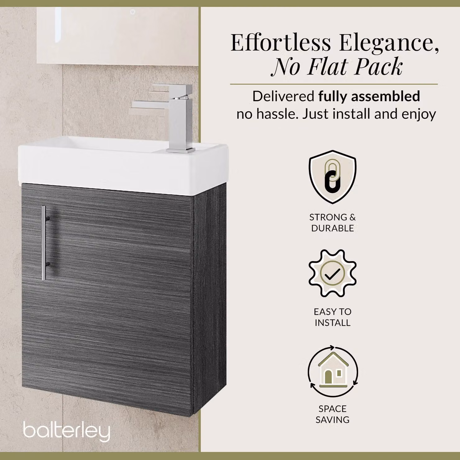 Balterley Saint Contemporary Wall Hung Bathroom Vanity Unit with Rectangular Basin and Soft-Close Door, Anthracite Grey Woodgrain, W: 40.5 cm, D: 52 cm, H: 22.2 cm – 2