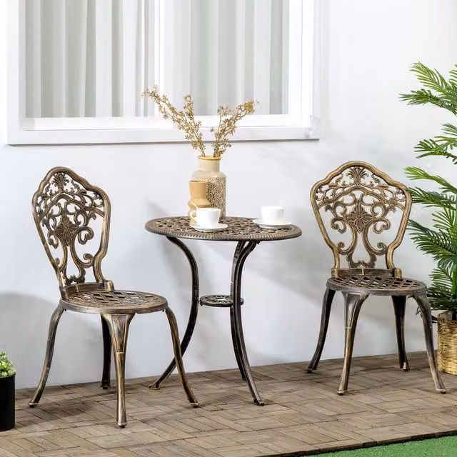 Outsunny 3 Piece Cast Aluminium Garden Bistro Set in Bronze with Parasol Hole