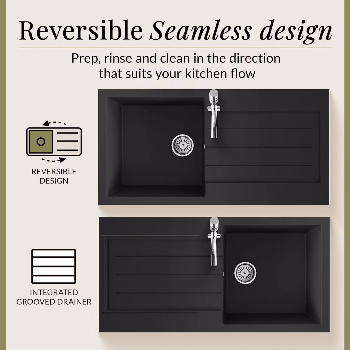 Balterley Reversible Single Bowl Composite Kitchen Sink with Drainer and Overflow, Matt Black, Width: 100 cm – 3