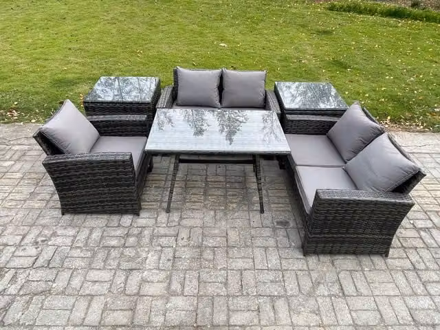 Fimous Dark Grey PE Rattan Garden Dining Set with Rectangular Table, Love Seat Sofa and 2 Side Tables