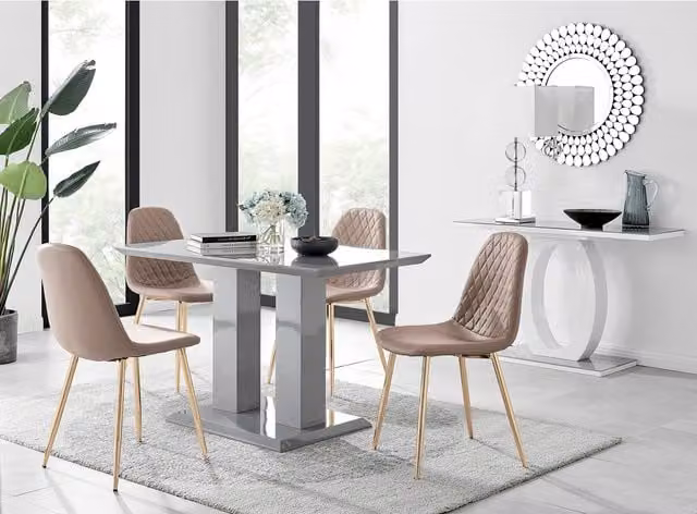 FurnitureboxUK Imperia 4 Modern Grey High Gloss Rectangular Dining Table and 4 Corona Gold Chairs Set in Cappuccino