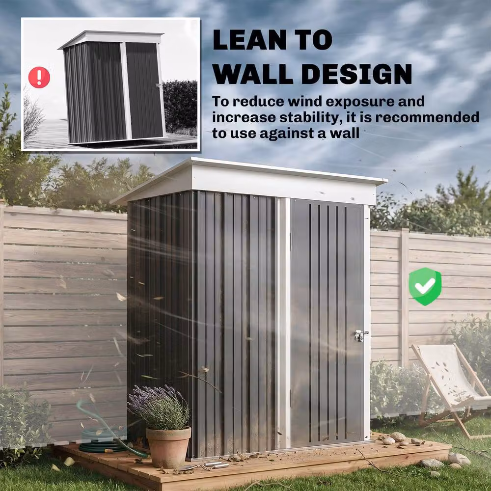 Rolipo Dark Grey Metal Lean-To Garden Shed with Shelving and Lock, W/D/H: 152.4 x 91.44 x 182.88 cm – 6