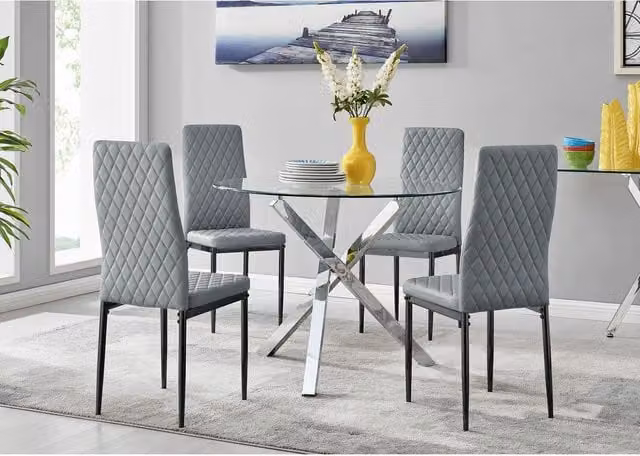 FurnitureboxUK Selina Round Glass Kitchen Dining Table and 4 Milan Black Leg Chairs in Grey