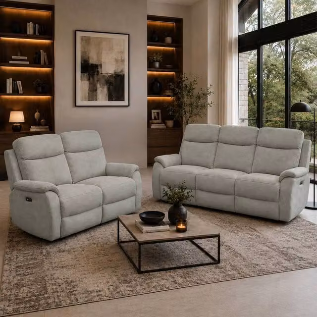 Aspire Richmond 3 + 2 Seater Power Recliner Sofa Set in Grey Chenille Fabric with USB Charging