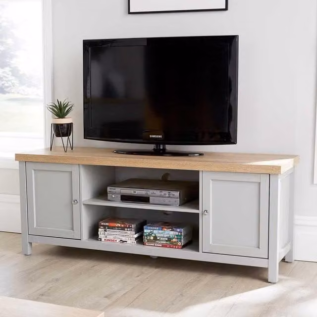 Home Source Avon 2 Door TV Stand Storage Unit with 36mm Oak Effect Top in Grey