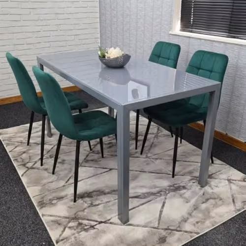 Kosy Koala Modern Grey Glass Rectangular Dining Table with 4 Green Velvet Chairs – 2