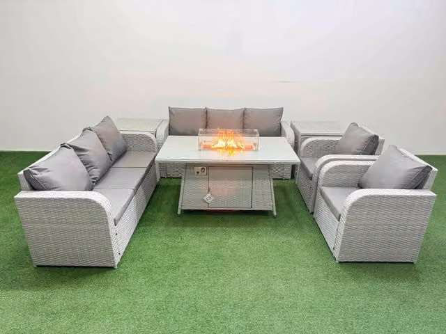 Fimous PE Rattan High Back Lounge Sofa Set with 3 Seater Sofa, Reclining Chair, 2 Side Tables and Firepit Dining Table in Light Grey