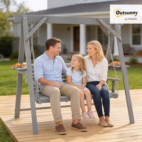 Outsunny 3 Seater Wooden Garden Swing Seat with Side Tables and Cushions, Grey, W/D/H: 217 x 124 x 171 cm – 2