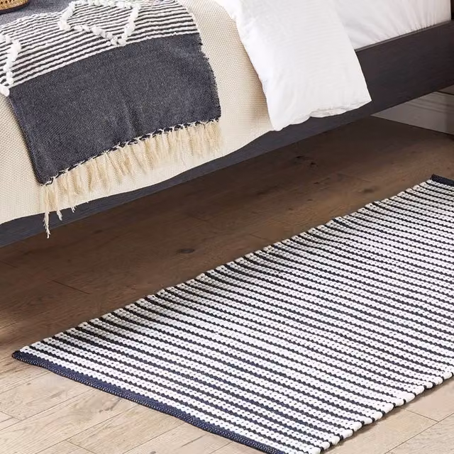 Wyld and Coco Handwoven Cotton and Polyester Striped Rectangular Modern Rug in White and Blue, W: 80 cm, L: 150 cm