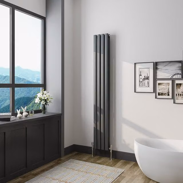 AicaBathroom Vertical Oval Column Radiator in Anthracite Grey, H: 1600 mm, W: 23.6 cm