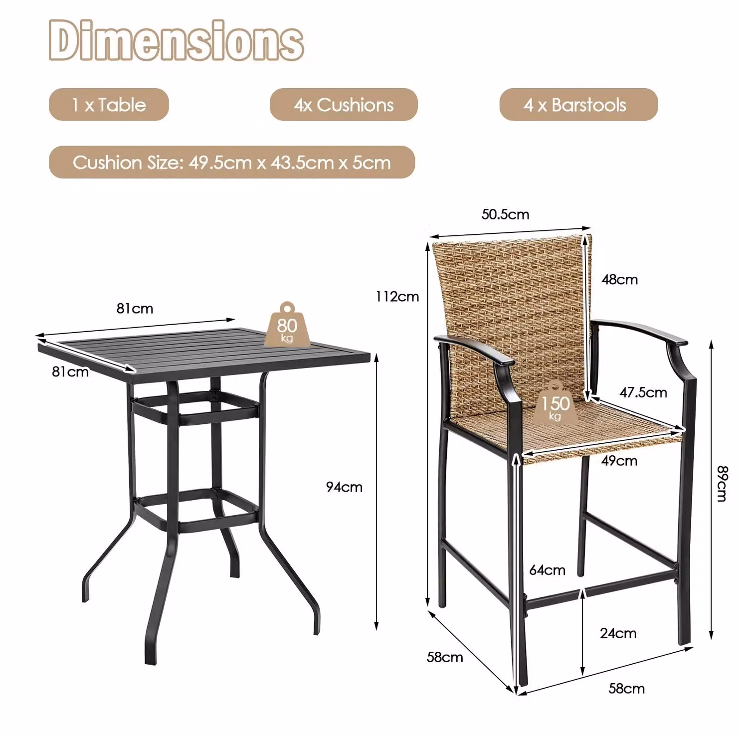 Costway 5 Piece Outdoor Bistro Set with 4 Rattan Chairs and 1 Bar Table in Multicolour – 2