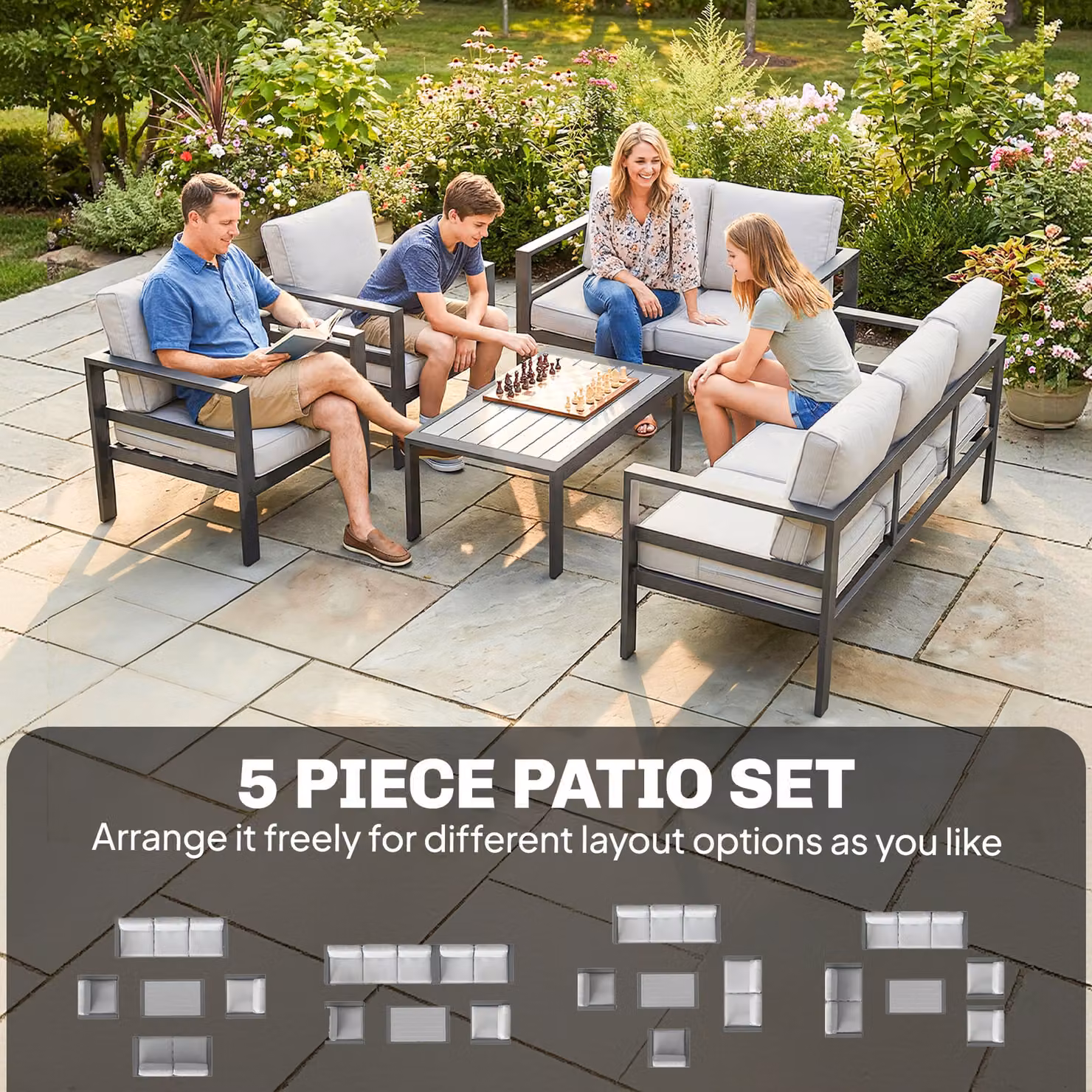 Outsunny 5 Piece Aluminium Garden Furniture Set with Grey Olefin Cushions – 5