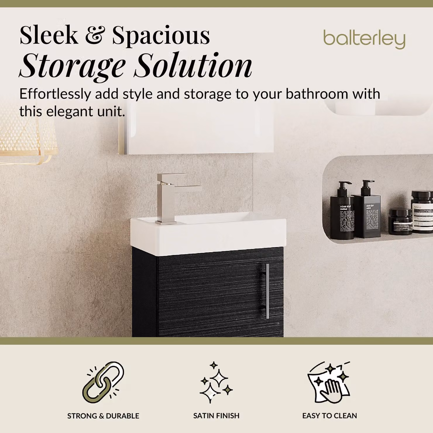 Balterley Saint Contemporary Wall Hung Bathroom Vanity Unit with Rectangular Basin and Soft-Close Door, Matt Black, W: 40.5 cm, D: 52 cm, H: 22.2 cm – 2