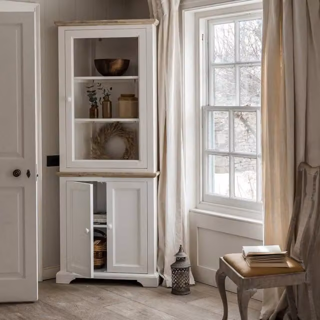 Statement Furniture Florence Corner Display Cabinet with Glass Doors in White, W78cm x D35cm x H200cm – 1