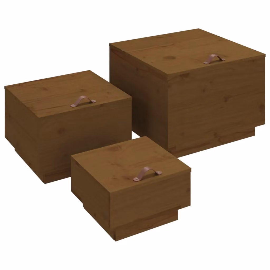 Berkfield Home Set of 3 Honey Brown Solid Wood Pine Storage Boxes with Lids – 2