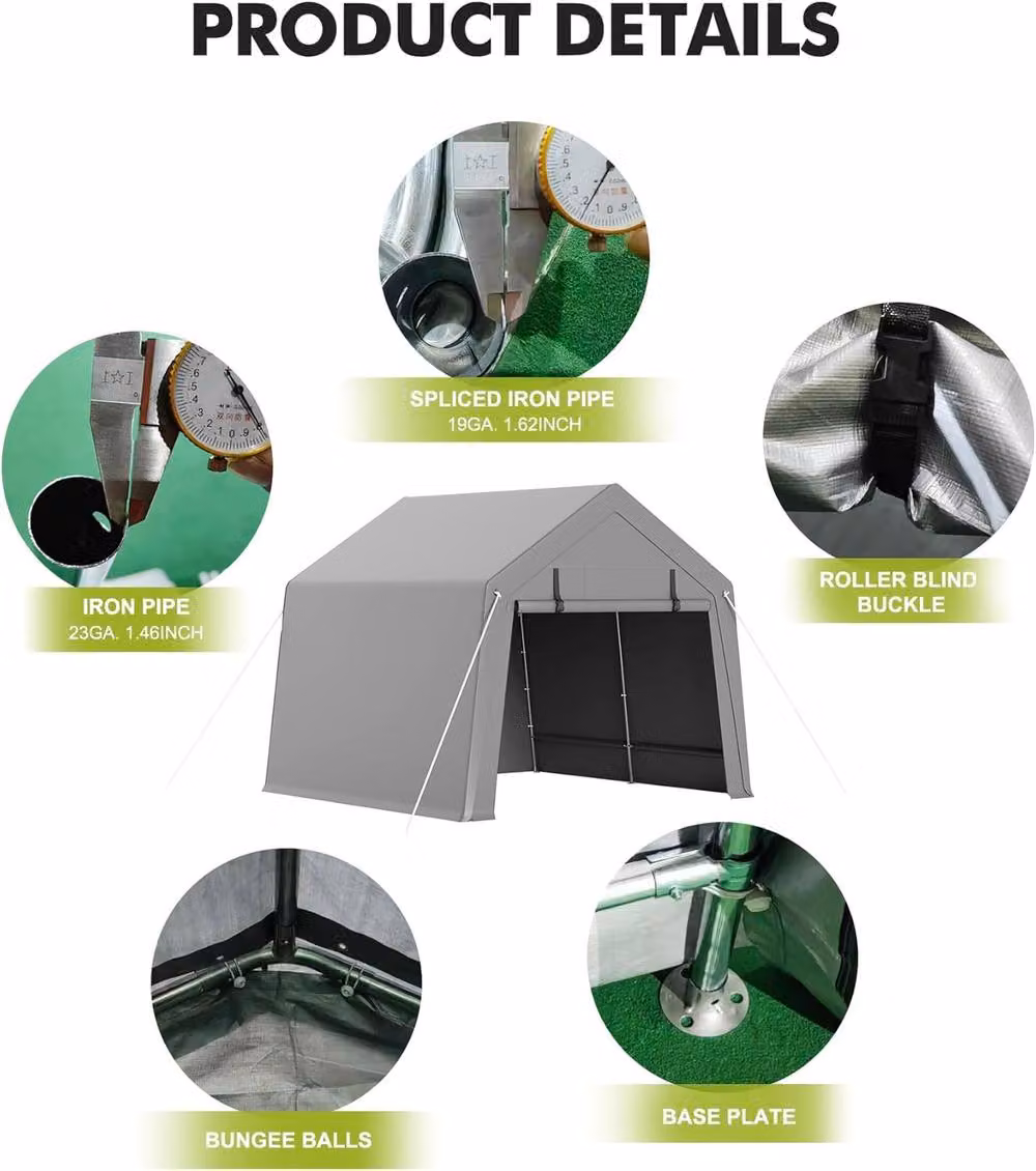 London Boutique Grey Metal Garden Storage Shed and Motorbike Shelter with Roll-Up Zipper Door and Gable Roof – 4