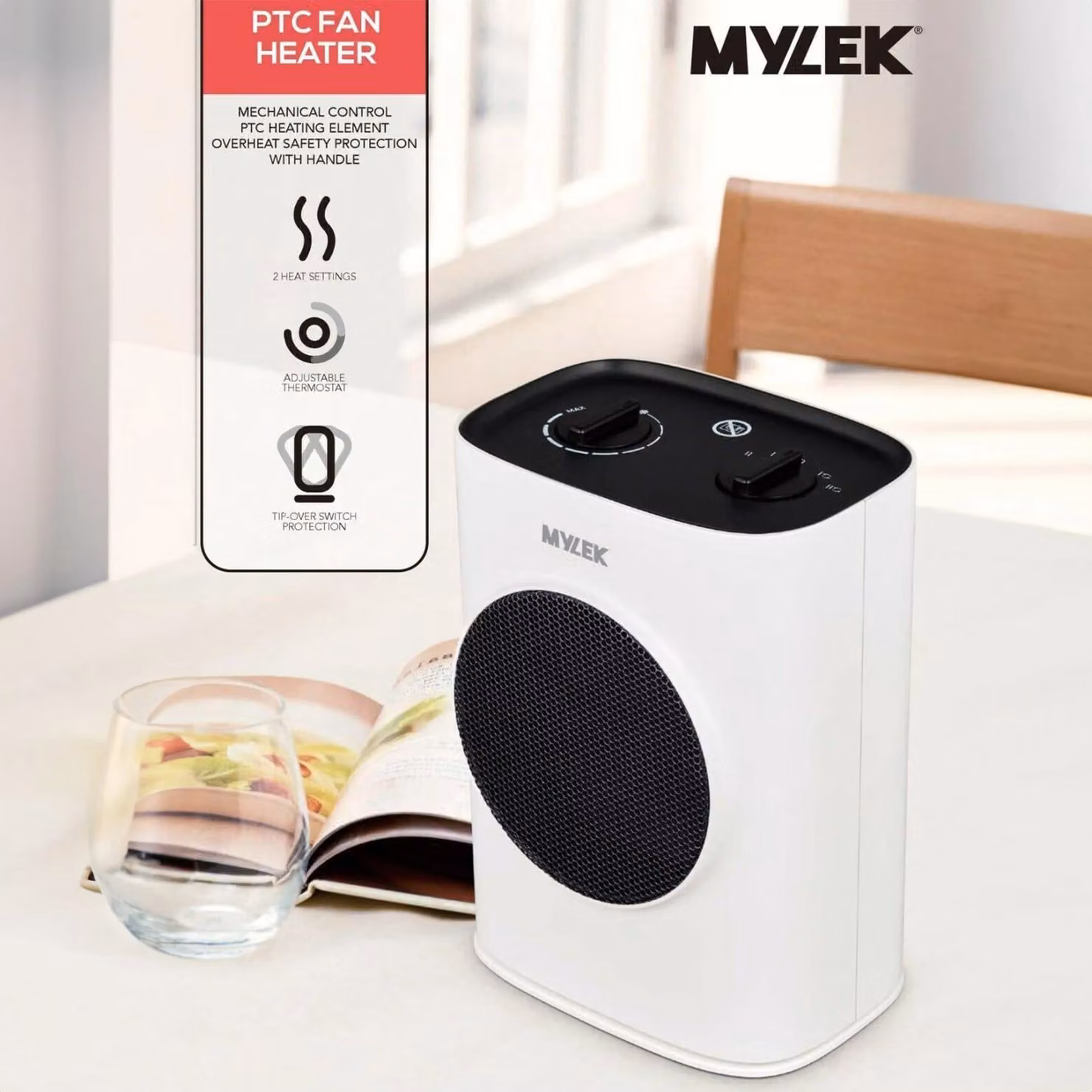 MYLEK 1.8kW Ceramic PTC Fan Heater with Adjustable Thermostat in White – 2