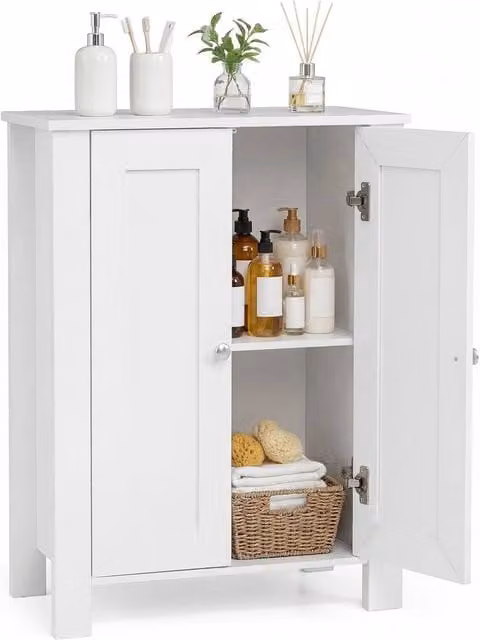 Costway Modern White Wooden Bathroom Floor Cabinet with Double Hinged Doors and Internal Shelves
