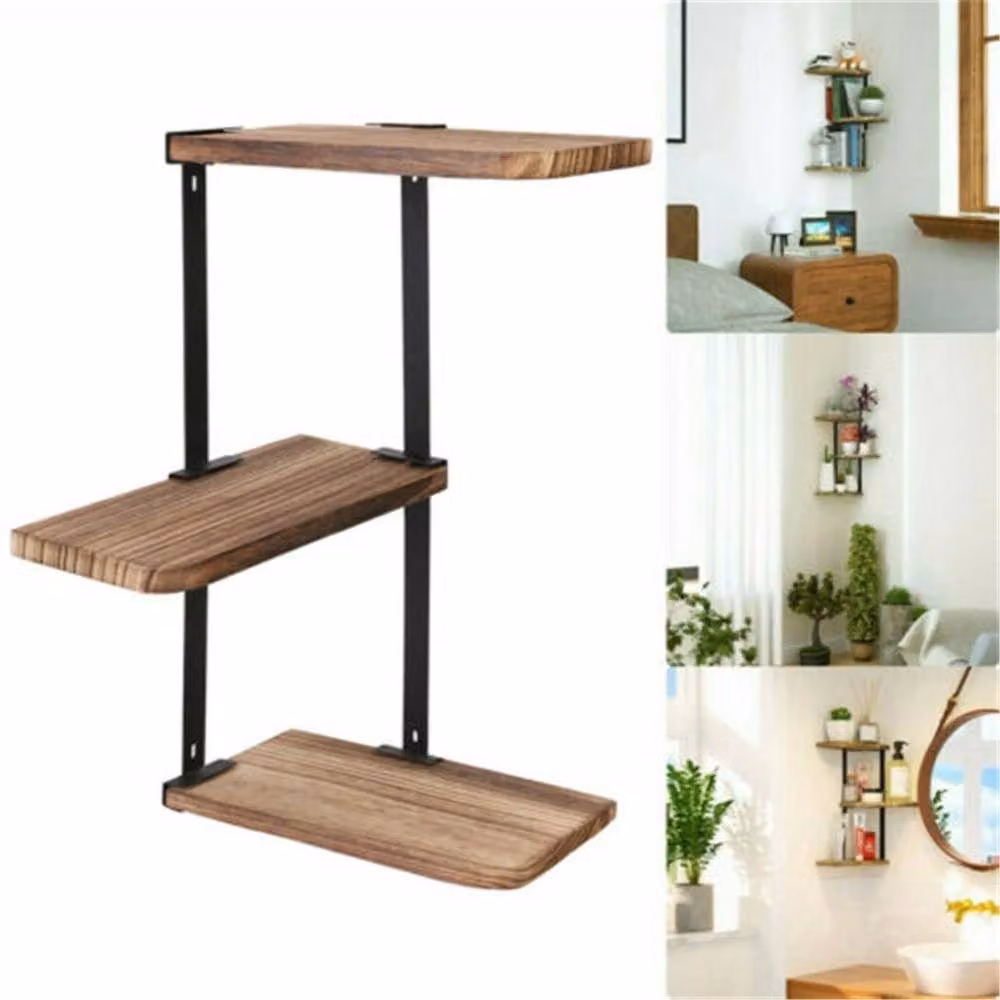 Havendro Rustic 3 Tier Corner Wood Floating Shelf in Brown and Black – 3