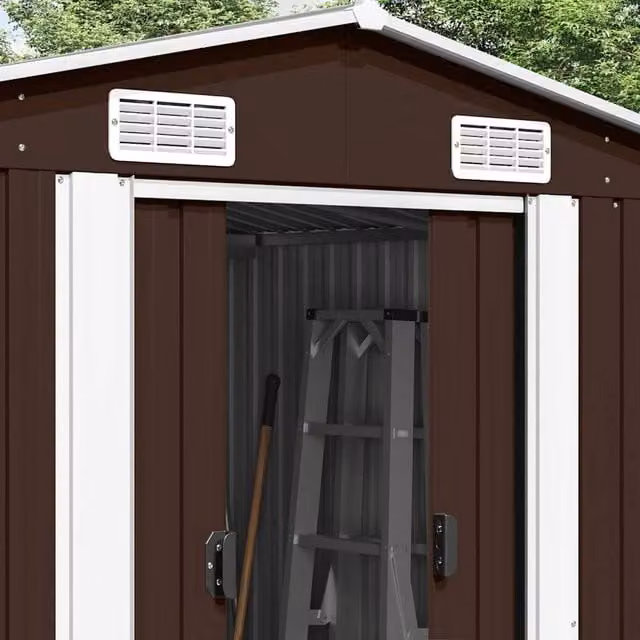 Berkfield Home Brown Metal Garden Shed with Sliding Gable Doors, W/D/H: 257 x 392 x 181 cm – 1