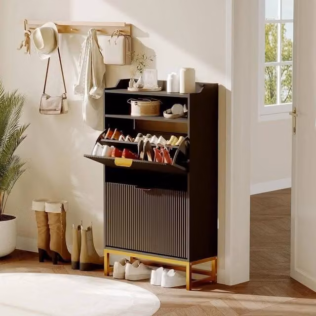 VOGREX Narrow Black Matt Shoe Cabinet with 2 Tilting Compartments and Internal Shelves