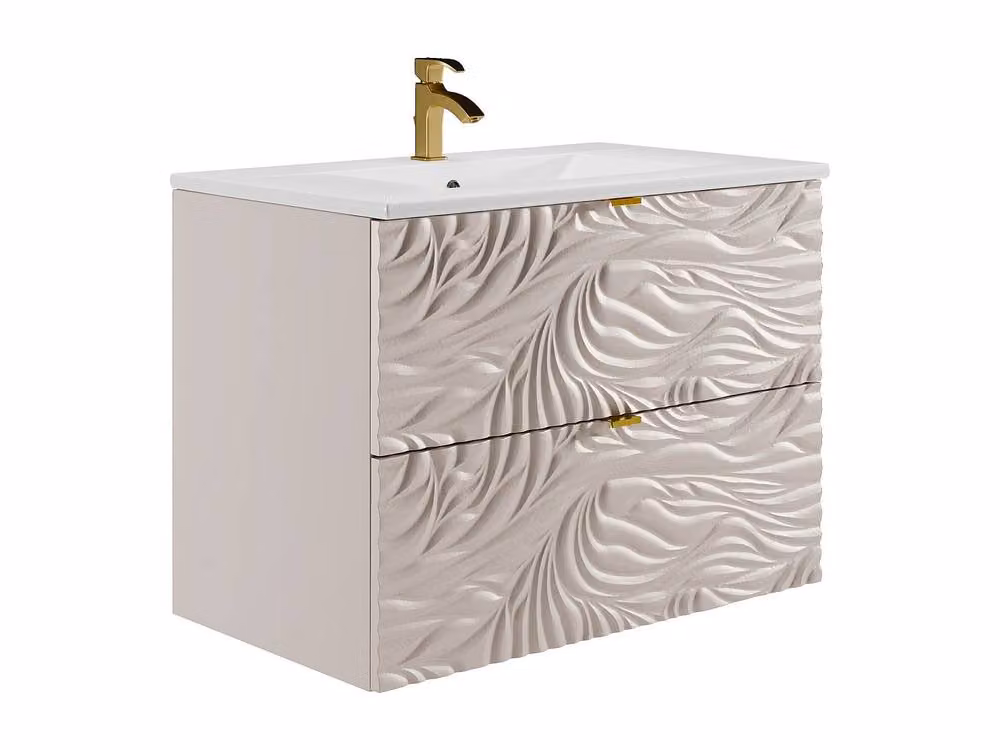 Vente-unique Textured Wall-Hung Bathroom Vanity Unit with Inset Basin in Beige, W: 80 cm, D: 46 cm, H: 60 cm – 2