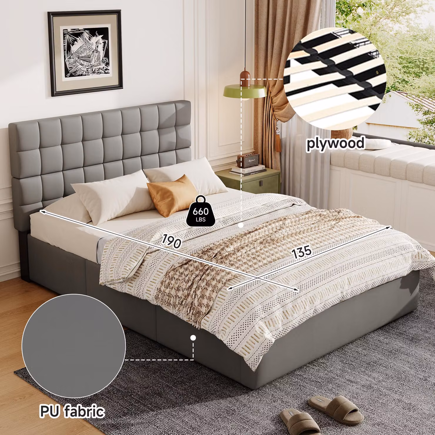 Aosom UK Elegant Grey Upholstered Storage Bed with Hydraulic Lift and 3 Drawers, W/D/H: 148 x 200 x 100 cm – 4