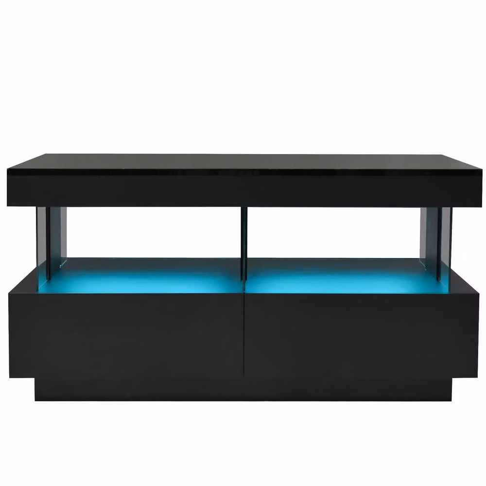 Merax High Gloss LED Coffee Table with 2 Drawers and Open Shelf in Black – 7