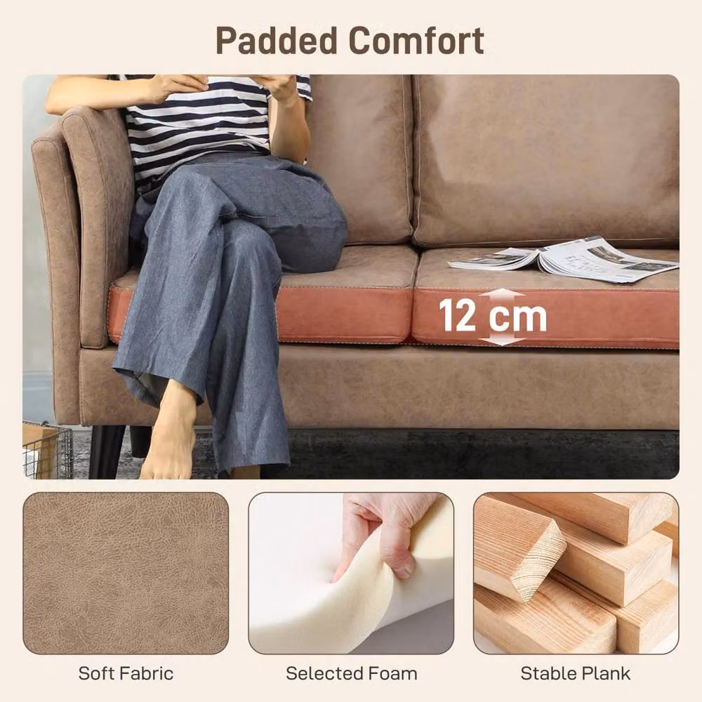 Wyld Haus Vaha 2 Seater Sofa in Light Brown Synthetic Leather with Rubberwood Frame, W/D/H: 137 x 72 x 88 cm – 4
