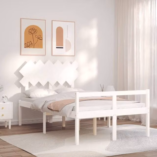 Berkfield Home Small Double Solid Wood Bed Frame with Headboard in White – 1