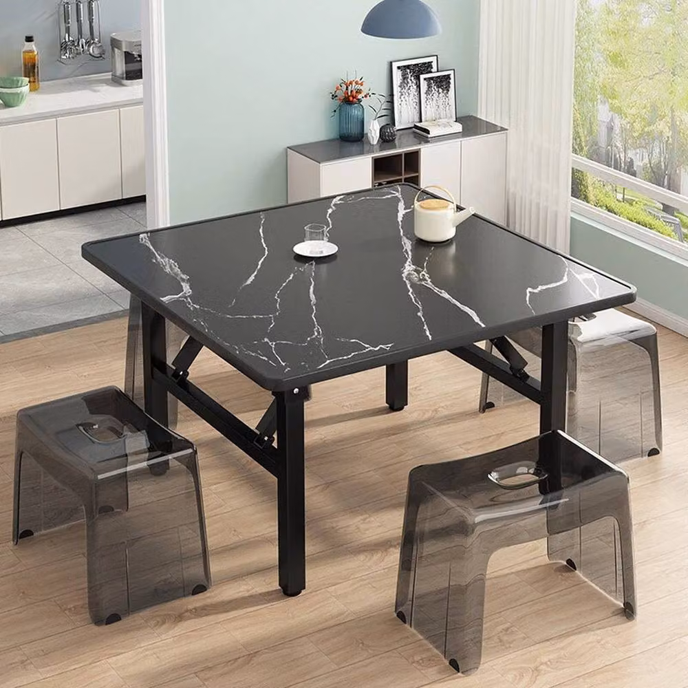 FLAVORA Black Marble Glossy Round Folding Dining Table for Kitchen or Garden – 5