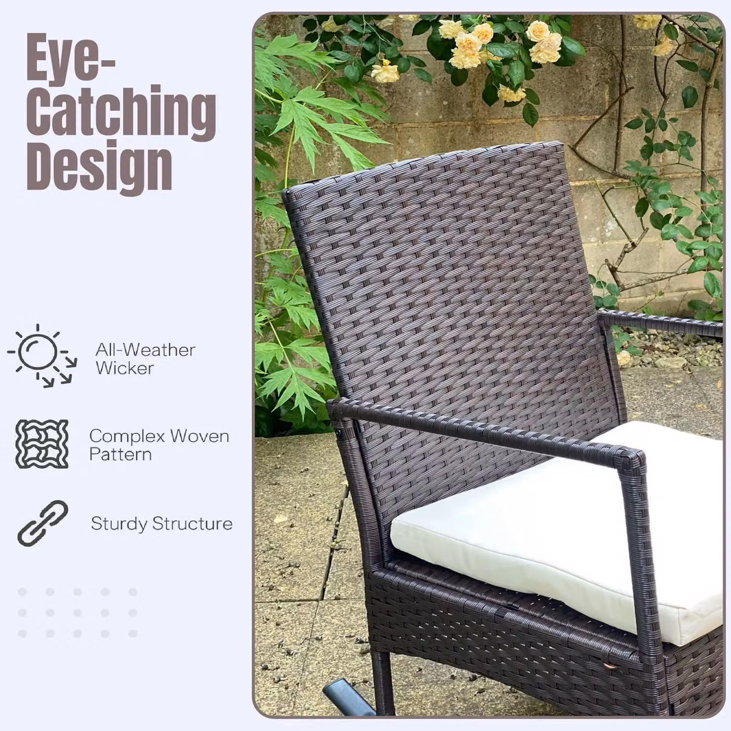 FURNITURE ONE 3-Piece Brown Rattan Outdoor Bistro Set with 2-Seater Sofa, Armchair, Coffee Table and Upholstered Cushions – 4