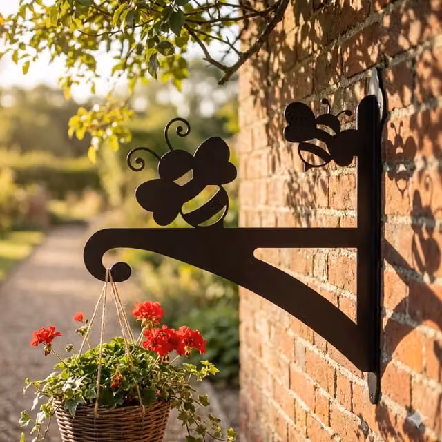 Laser Hut Ornamental Metal Bee Hanging Basket Planter Bracket in Black