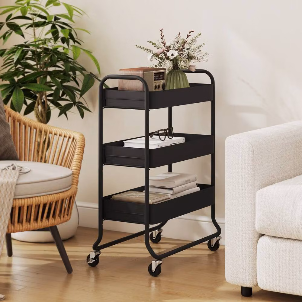 Wyld Haus Rakemi 3 Tier Black Metal Rolling Utility Trolley with Mesh Baskets – 8