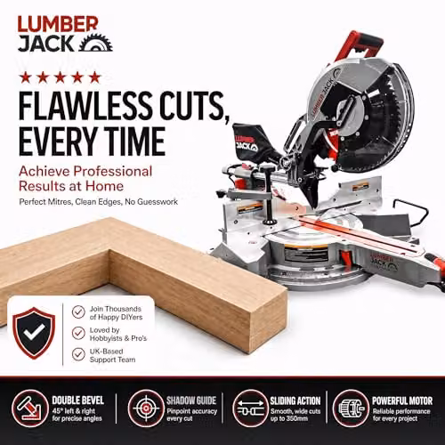 Lumberjack 12 Inch Double Bevel Mitre Saw with LED Shadow Light in Red W/D/H: 1000 x 760 x 340 mm – 5