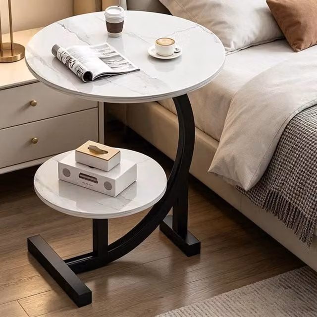 EONLION White 2 Tier C Shaped Side Table with Round Top and Sled Base – 1