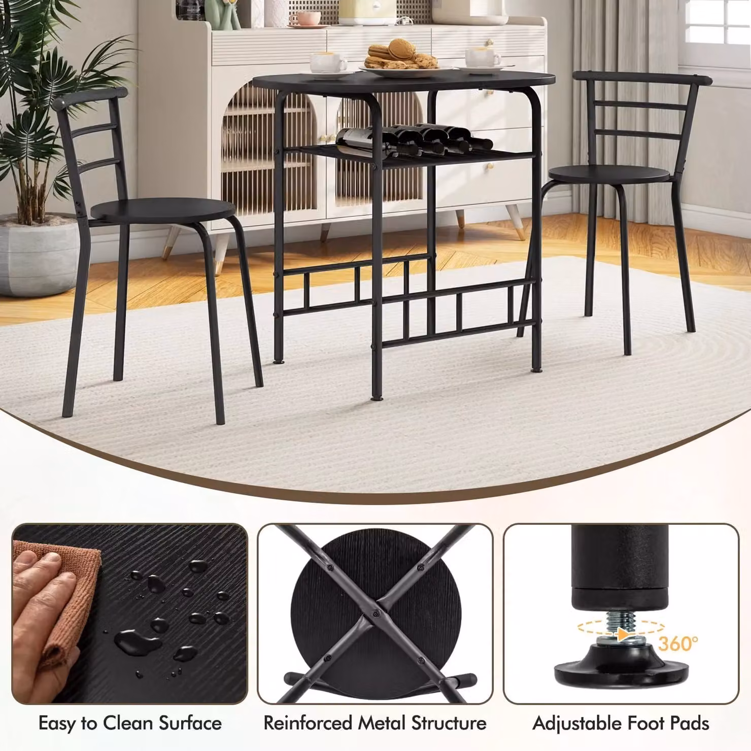 Costway 3-Piece Modern Dining Table and Chairs Set in Black – 2