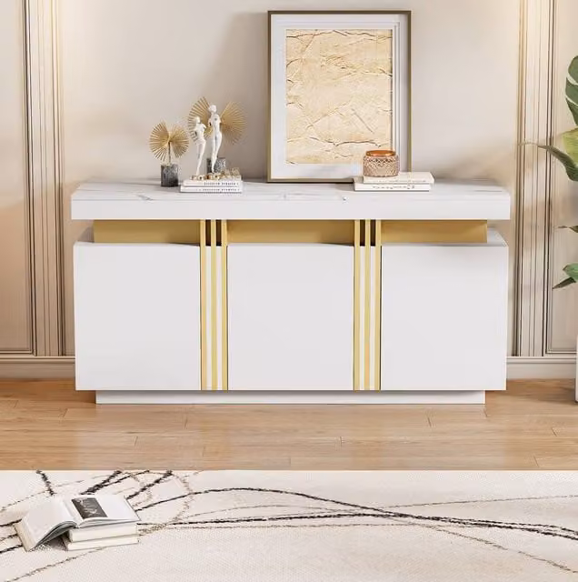 STILVORA Modern White and Gold Sideboard with 3 Doors and Adjustable Shelves, W: 140 cm, H: 70 cm, D: 38 cm – 1