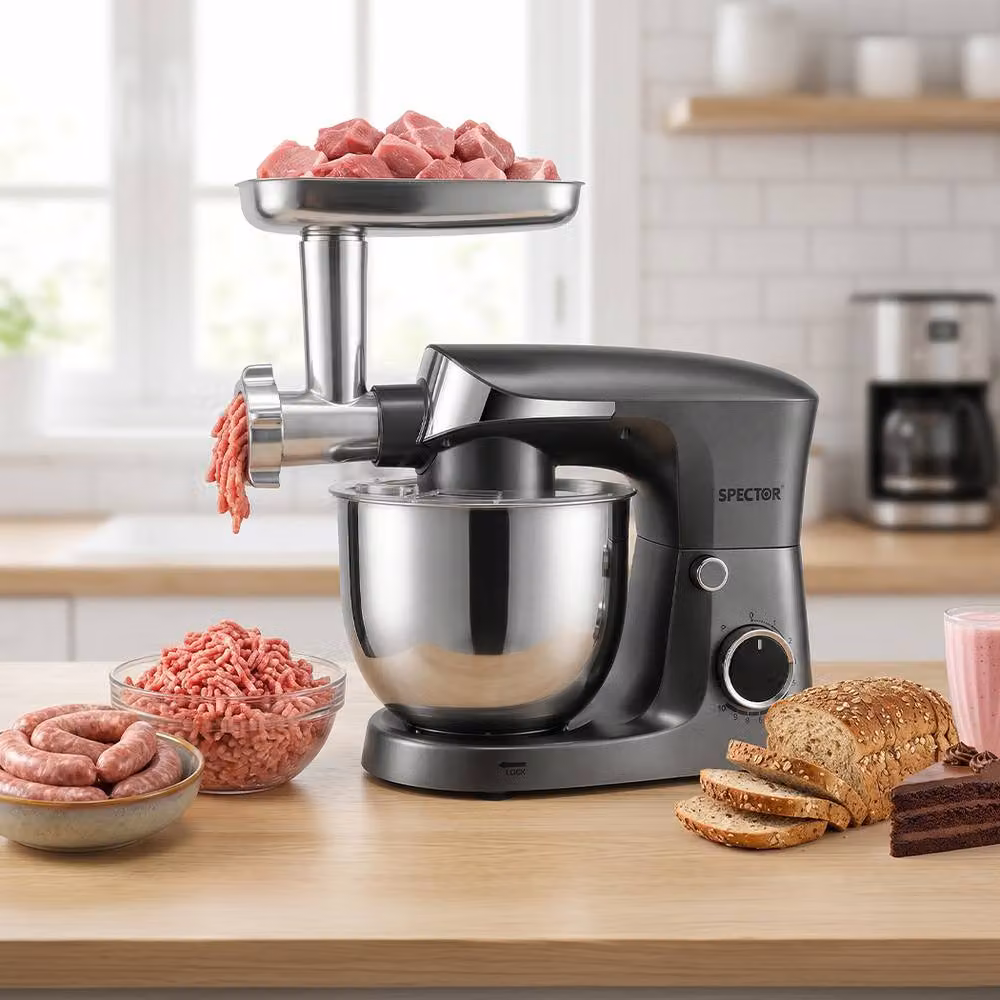 Spector 1500W Stand Mixer with 5.5L Bowl and Meat Grinder in Silver – 2