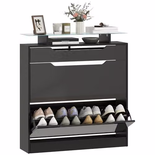HOMCOM Modern Black Glossy Shoe Cabinet with Glass Top and Tilting Compartments